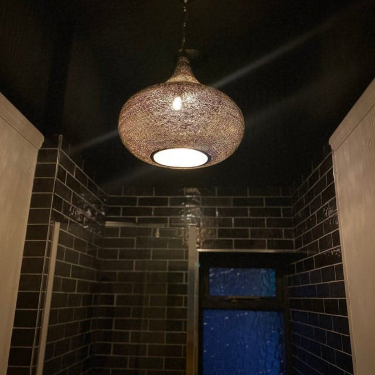 Patterned Moroccan Brass Sphere Ceiling Light - View 3