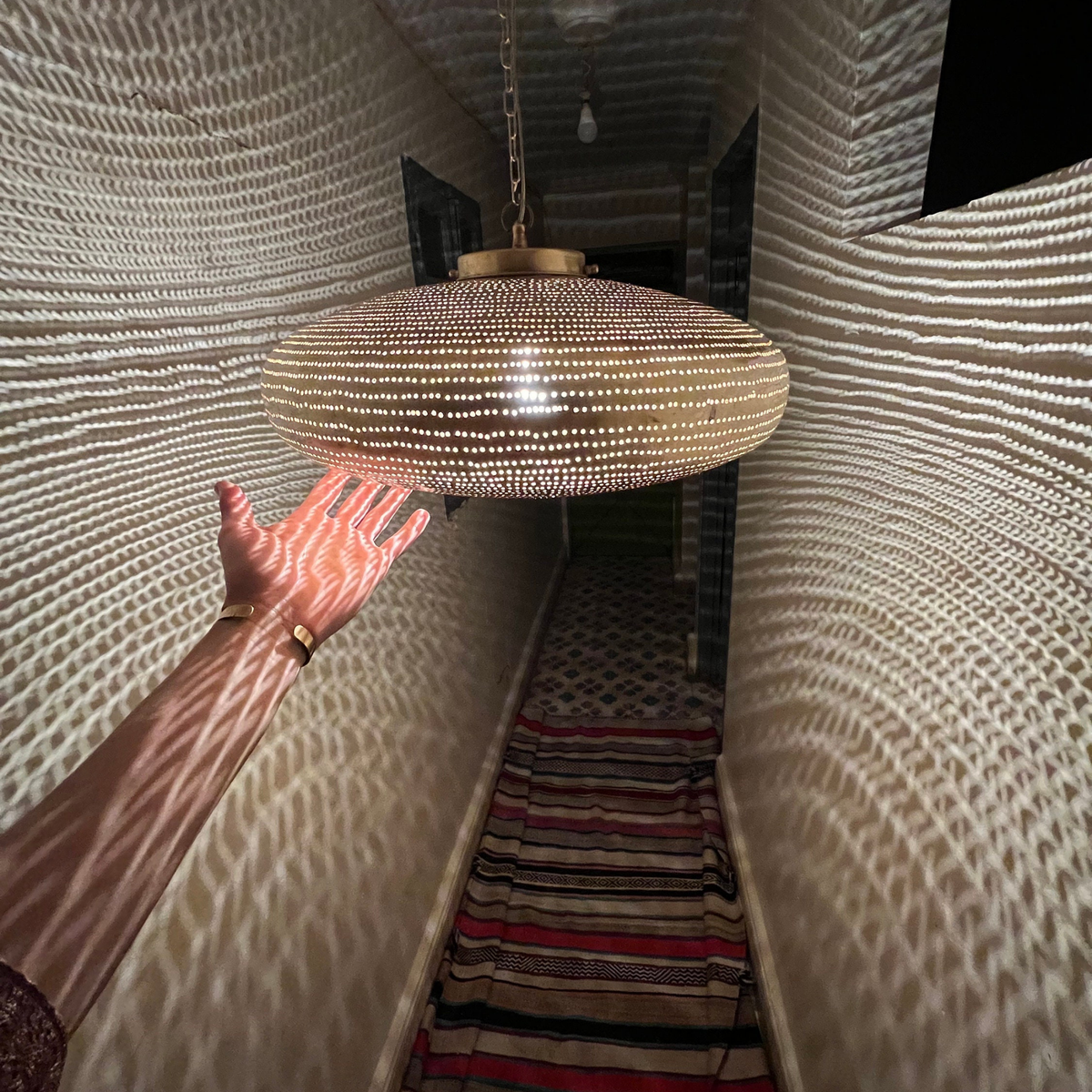 Radial Pattern Moroccan Brass Ceiling Pendant - View 3