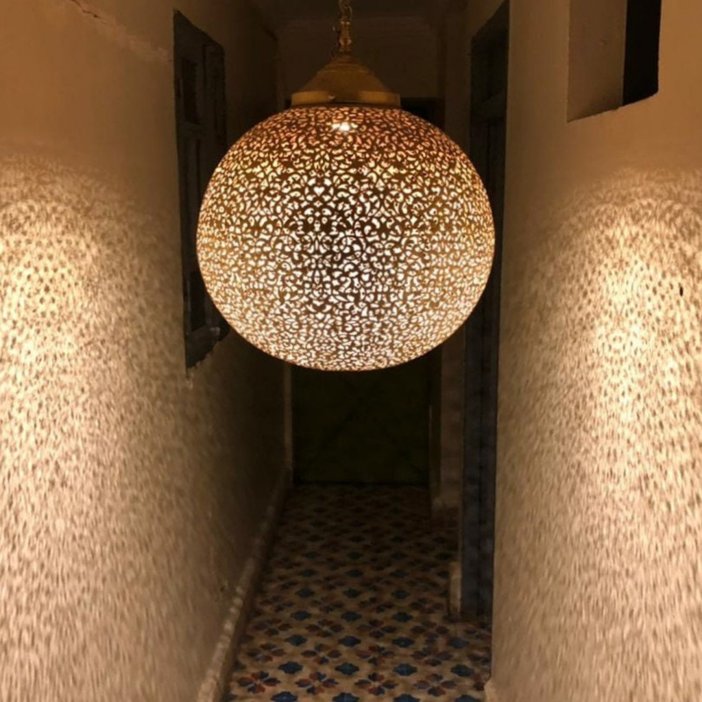 Round Moroccan Brass Globe Ceiling Light - View 1