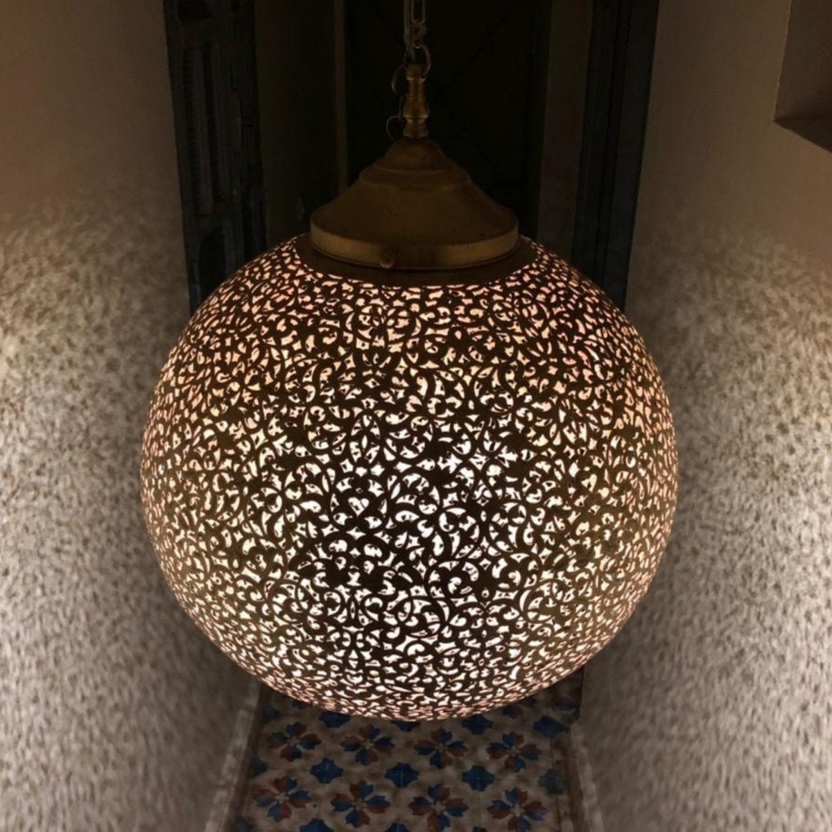 Round Moroccan Brass Globe Ceiling Light - View 7