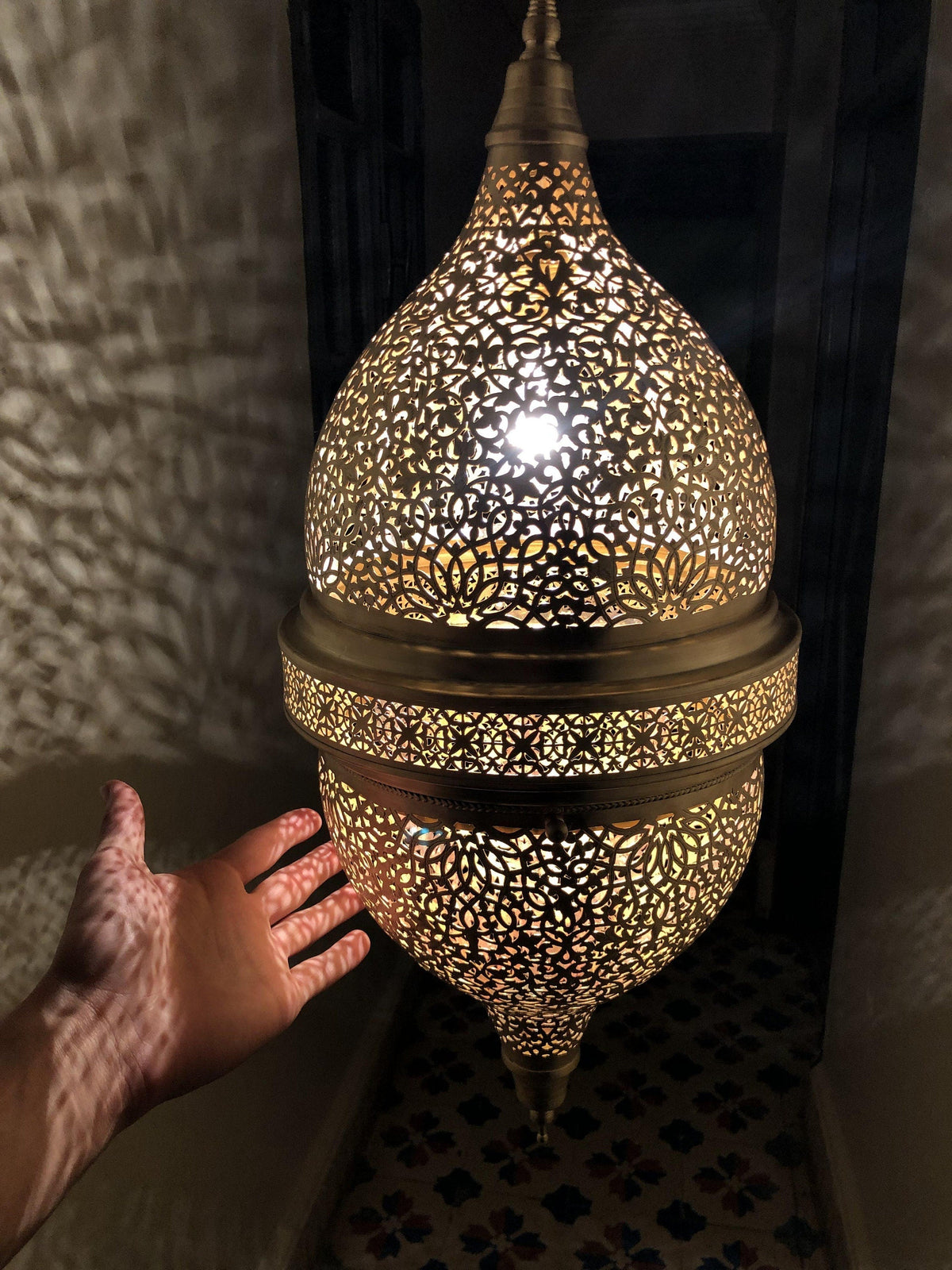 Large Moroccan Brass Sunburst Ceiling Chandelier - View 2