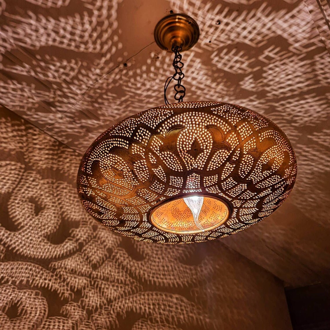 Hand-Carved Moroccan Brass Ceiling Light - View 2